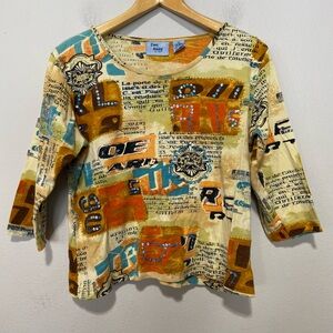 Jane Ashley Shirt Women’s Medium 3/4 Sleeve Sequins French Printing Cropped